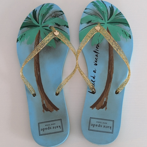 Kate Spade Blue Flip Flops with Palm Tree Design - Picture 1 of 5